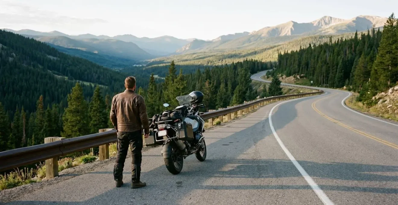Motard debout au bord d'une route de montagne, moto garée, regardant le paysage.