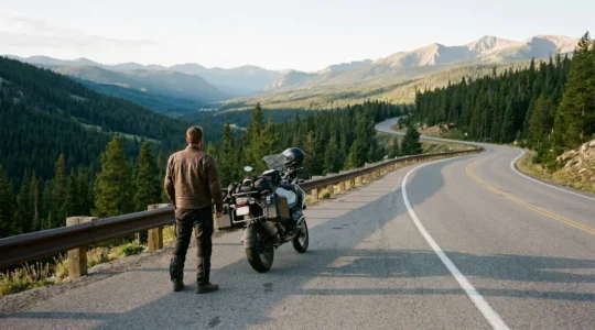Motard debout au bord d'une route de montagne, moto garée, regardant le paysage.